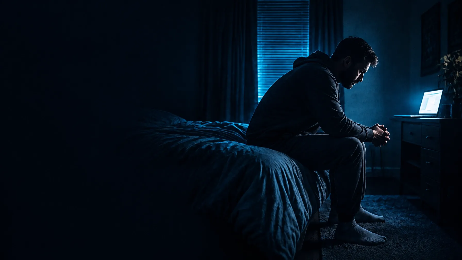 A man sitting alone on the edge of a bed in a dark room